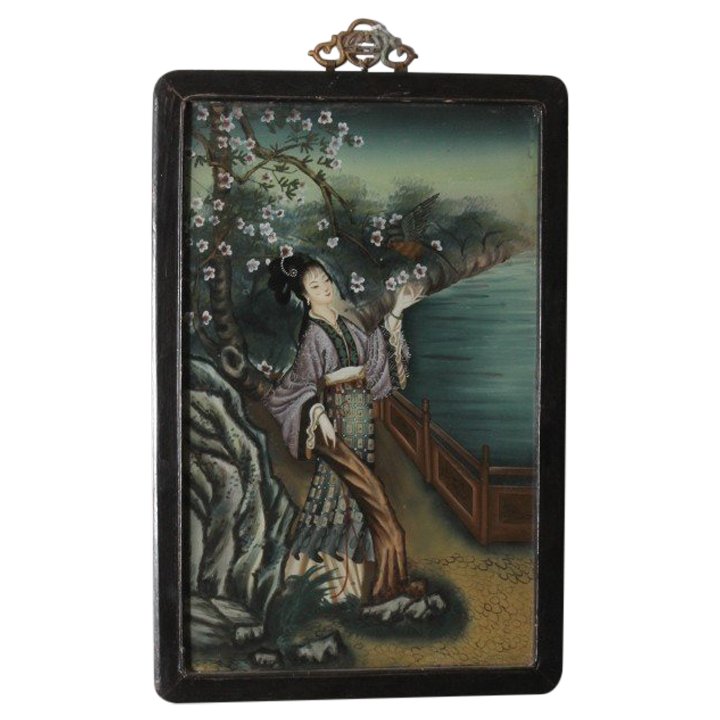 Antico dipinto su vetro Geisha Giapponese primi 900 . Mis 52 x 35 