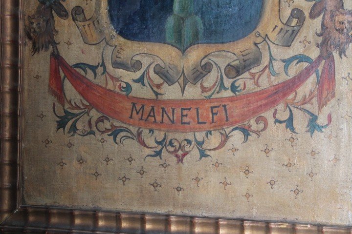 Antico dipinto olio su tela stemma famiglia Manelfi  XVIII sec MIS 108 X 80 
