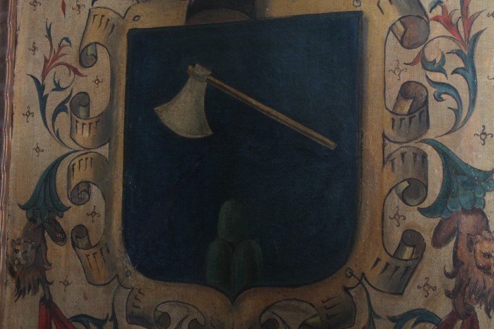 Antico dipinto olio su tela stemma famiglia Manelfi  XVIII sec MIS 108 X 80 