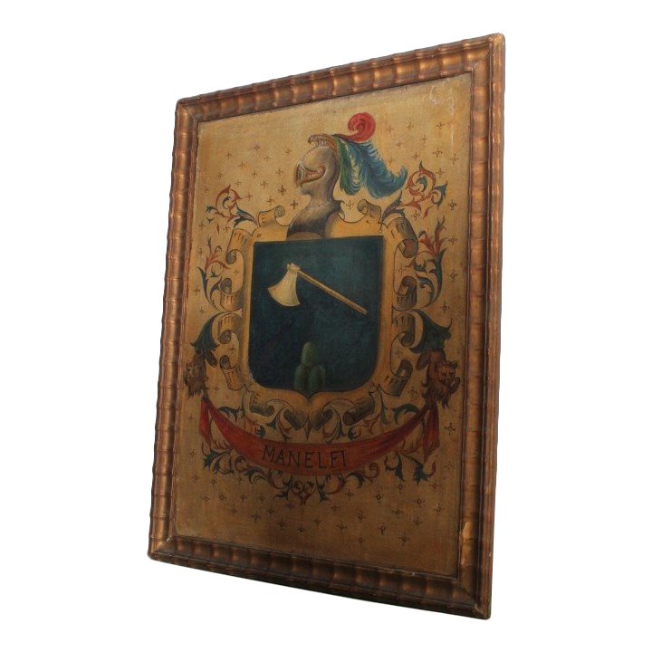 Antico dipinto olio su tela stemma famiglia Manelfi  XVIII sec MIS 108 X 80 