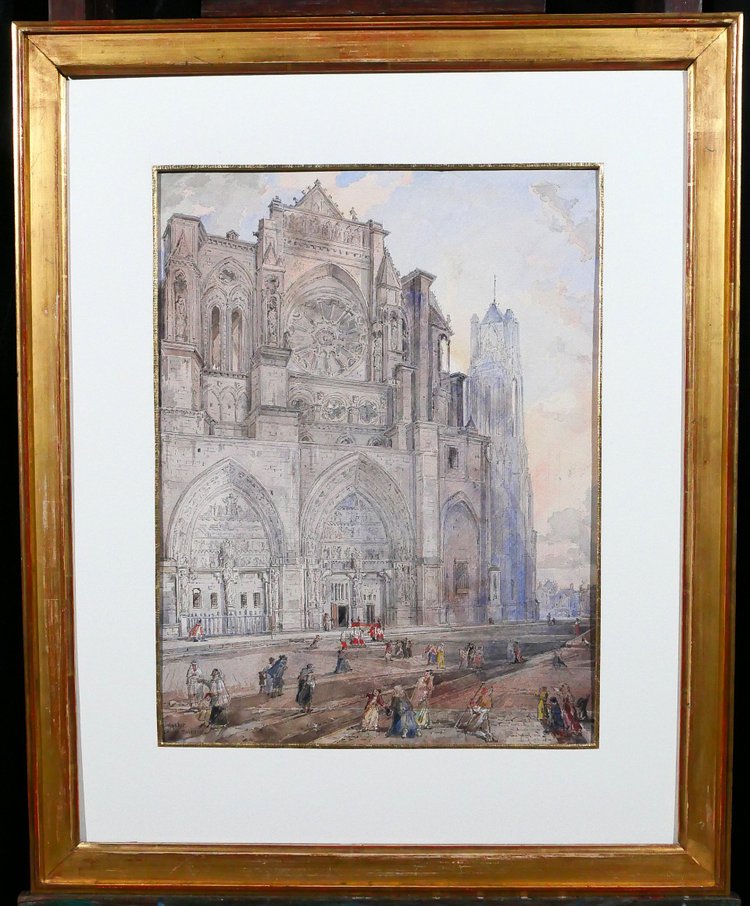 Louis-Désiré Thiénon 1812-1889 Reims, the cathedral, landscape, drawing, 1875