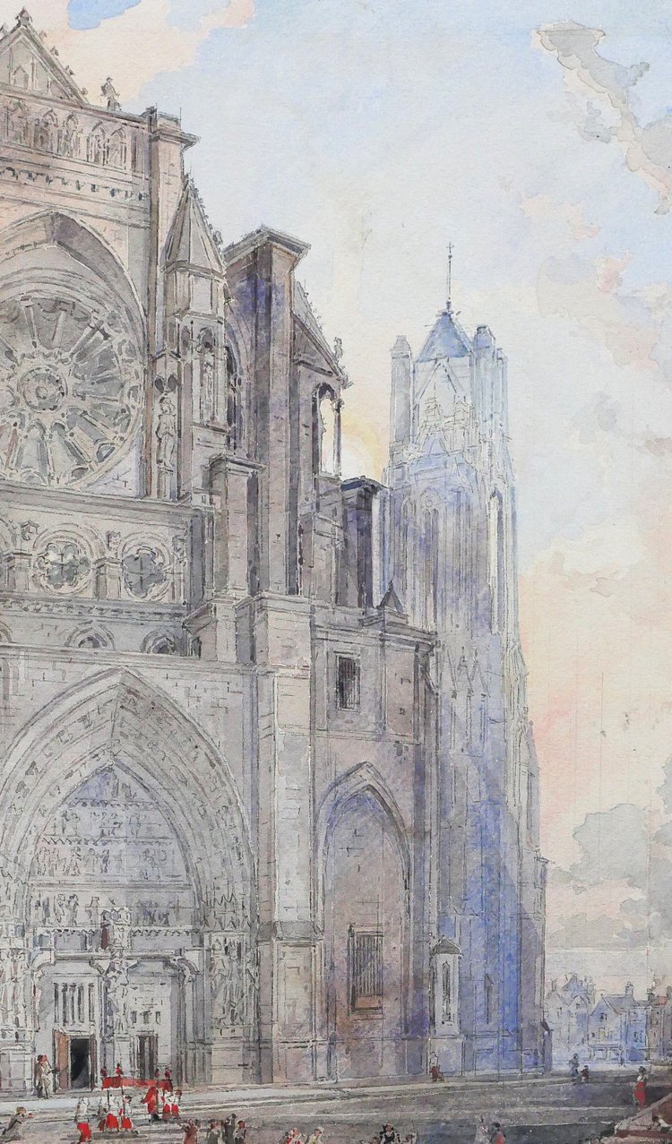 Louis-Désiré Thiénon 1812-1889 Reims, the cathedral, landscape, drawing, 1875