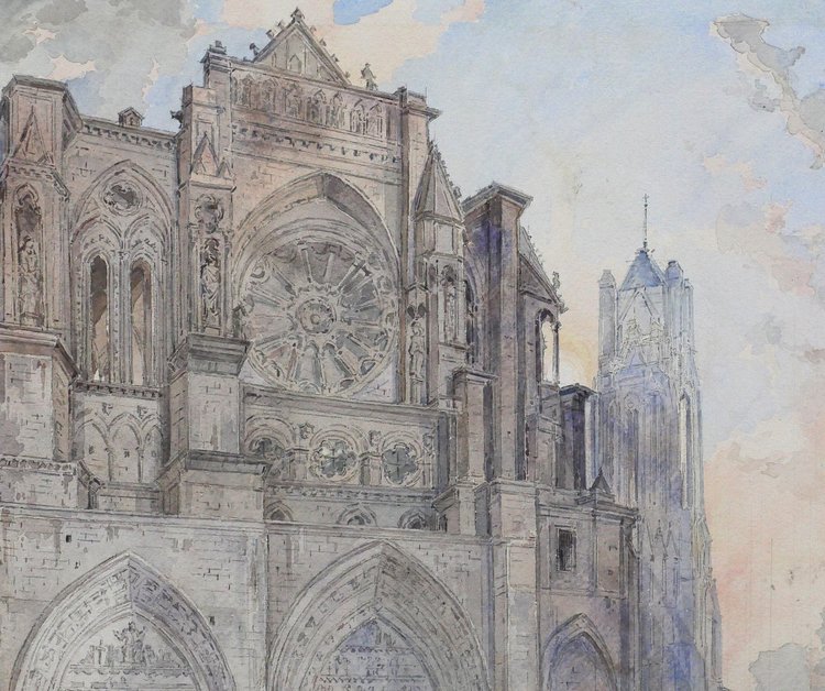 Louis-Désiré Thiénon 1812-1889 Reims, the cathedral, landscape, drawing, 1875