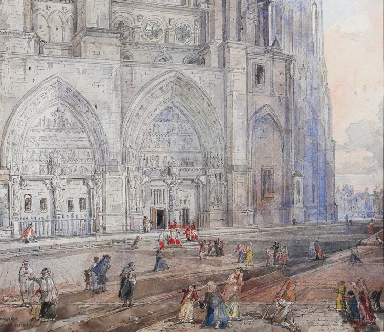Louis-Désiré Thiénon 1812-1889 Reims, the cathedral, landscape, drawing, 1875