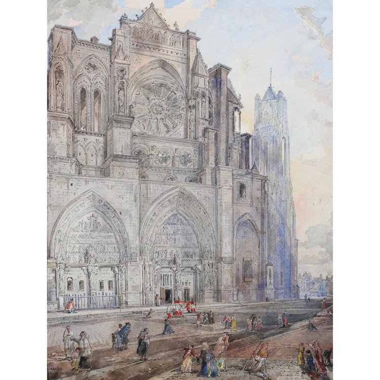 Louis-Désiré Thiénon 1812-1889 Reims, the cathedral, landscape, drawing, 1875