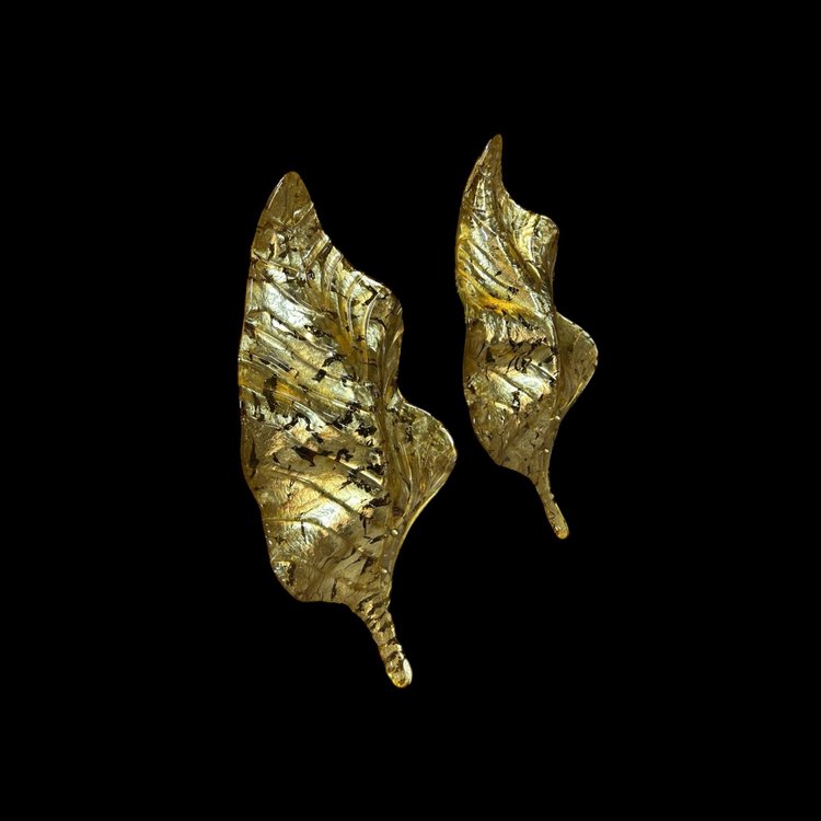 Large Pair Of Murano Gilded Glass Leaf Sconces - Italy About 1980 H 67 cm