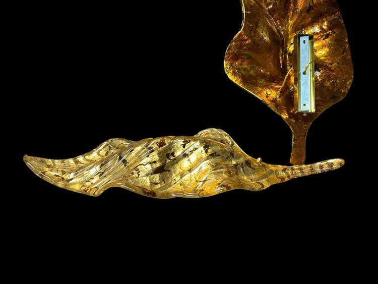 Large Pair Of Murano Gilded Glass Leaf Sconces - Italy About 1980 H 67 cm