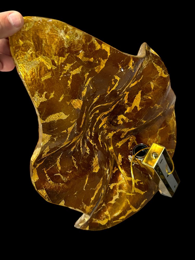 Large Pair Of Murano Gilded Glass Leaf Sconces - Italy About 1980 H 67 cm