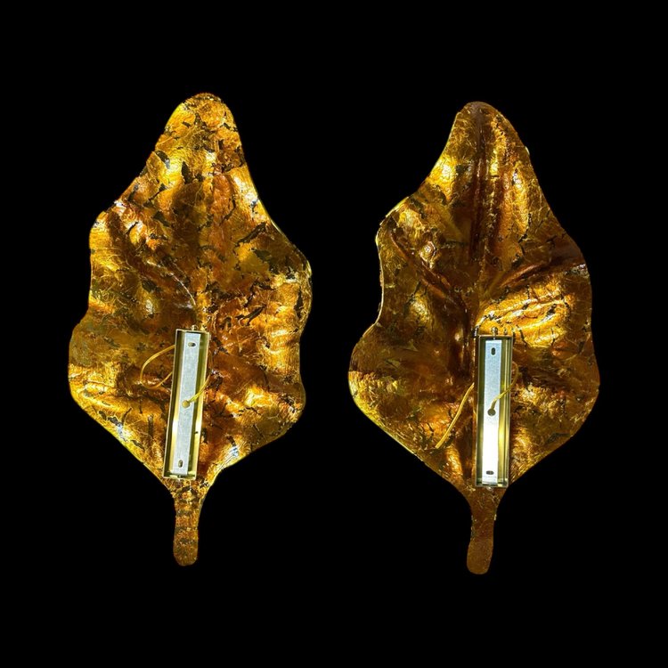 Large Pair Of Murano Gilded Glass Leaf Sconces - Italy About 1980 H 67 cm