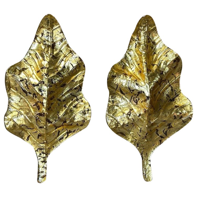 Large Pair Of Murano Gilded Glass Leaf Sconces - Italy About 1980 H 67 cm