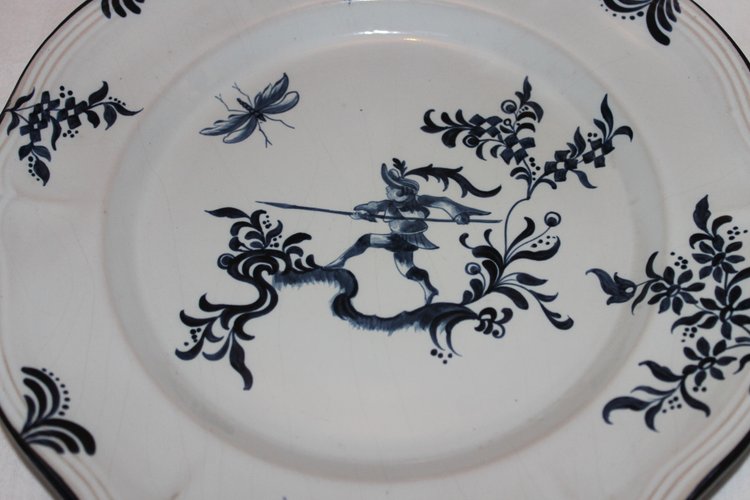 10 piatti in terracotta firmati Emile Gallé servizio cacciatori e cacciatrici in blu XIX secolo