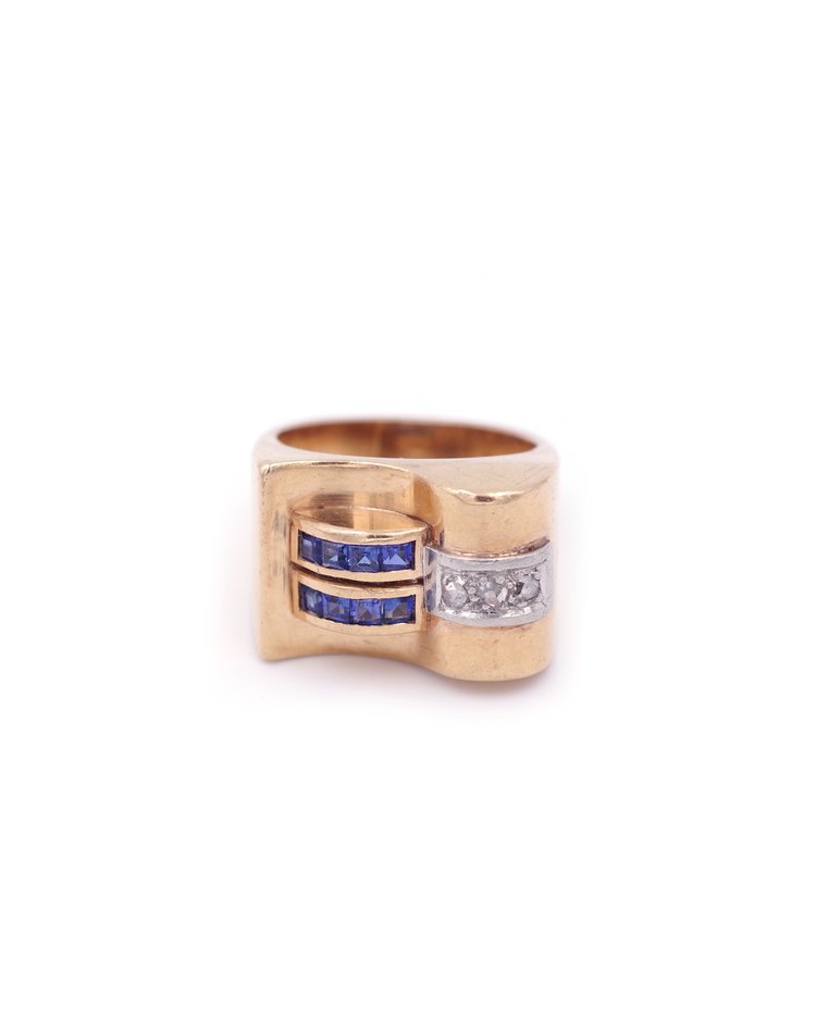 Bague Tank saphirs et diamants en or 18k, bague rétro tank, bague en or, grosse bague, bijou ancien 
