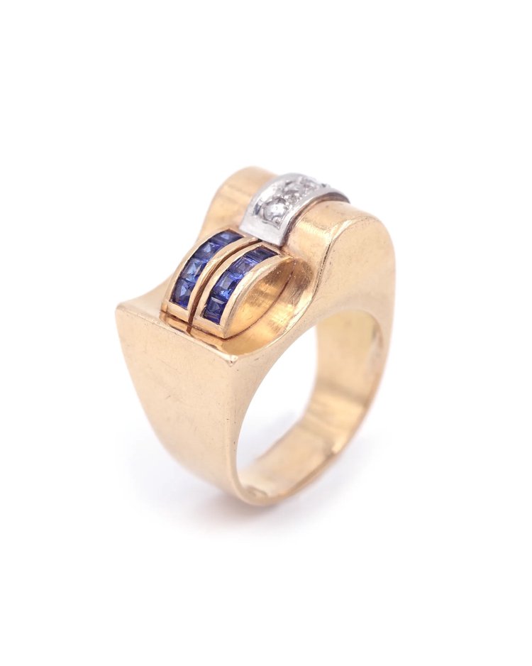 Bague Tank saphirs et diamants en or 18k, bague rétro tank, bague en or, grosse bague, bijou ancien 