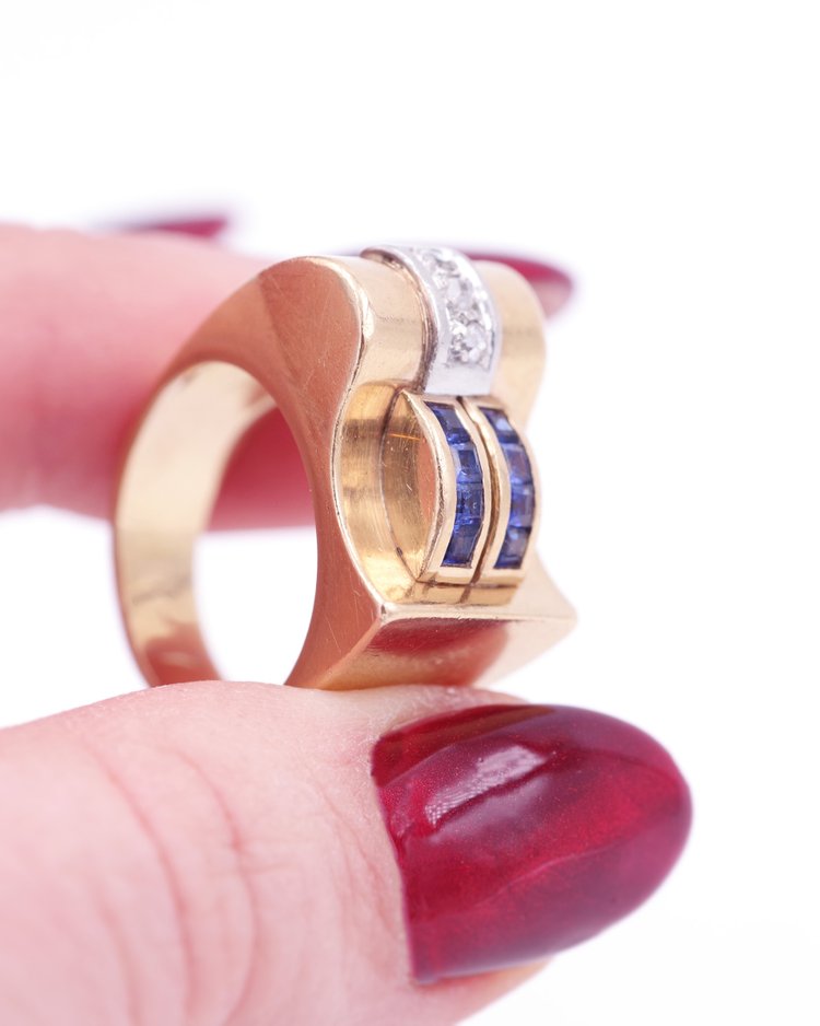 Bague Tank saphirs et diamants en or 18k, bague rétro tank, bague en or, grosse bague, bijou ancien 