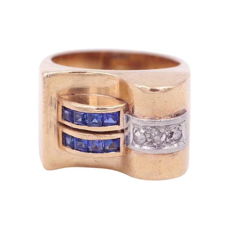 Bague Tank saphirs et diamants en or 18k, bague rétro tank, bague en or, grosse bague, bijou ancien 