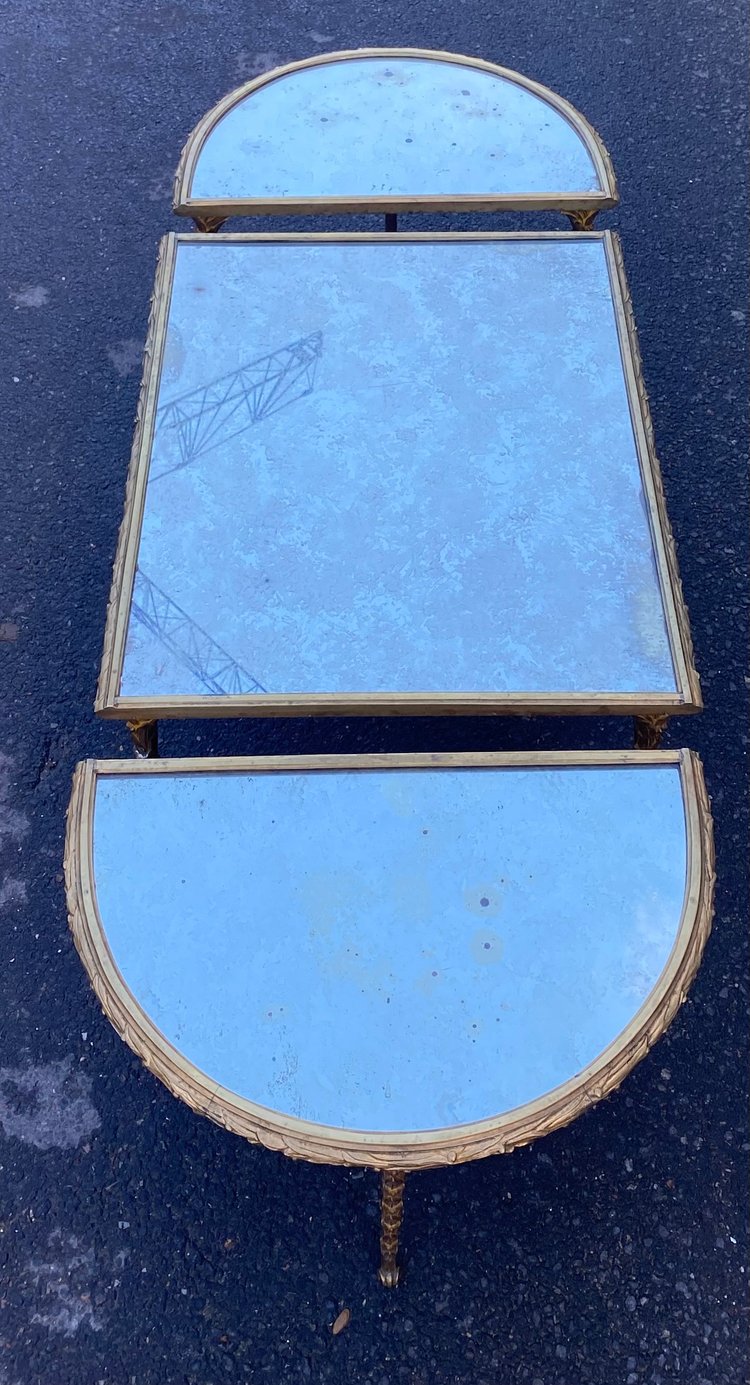 1970′ Table Tripartite Maison Charles, Jansen Ou Baguès Décor Palmier Bronze Doré Plateaux Miroirs