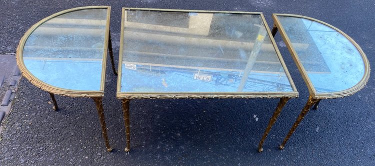 1970′ Table Tripartite Maison Charles, Jansen Ou Baguès Décor Palmier Bronze Doré Plateaux Miroirs