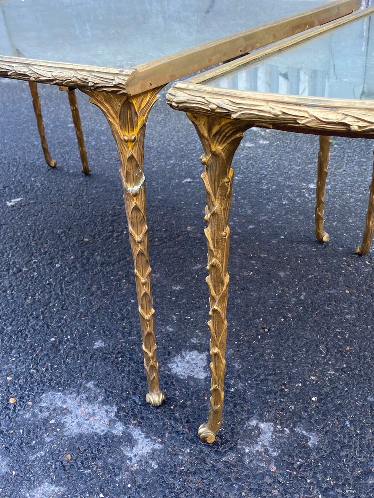 1970′ Table Tripartite Maison Charles, Jansen Ou Baguès Décor Palmier Bronze Doré Plateaux Miroirs