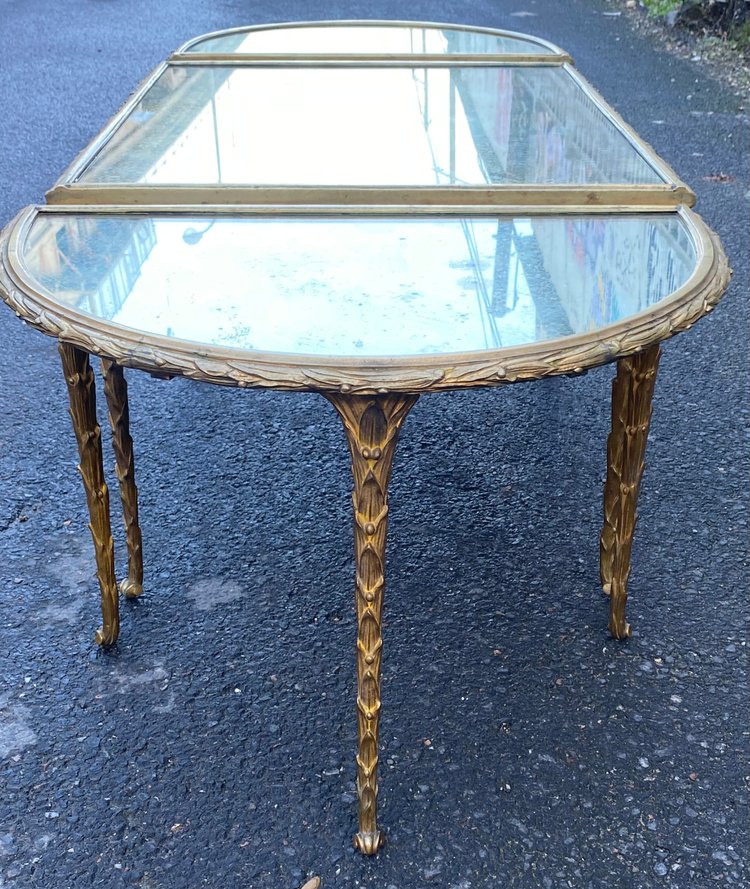 1970′ Table Tripartite Maison Charles, Jansen Ou Baguès Décor Palmier Bronze Doré Plateaux Miroirs