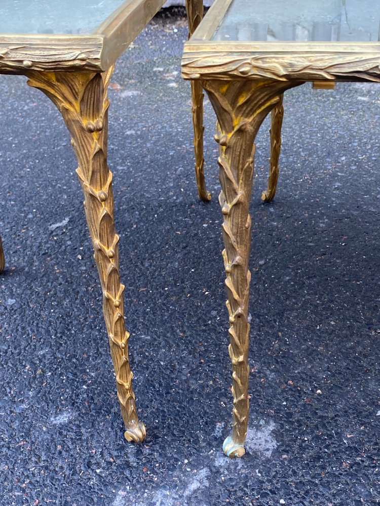 1970′ Table Tripartite Maison Charles, Jansen Ou Baguès Décor Palmier Bronze Doré Plateaux Miroirs
