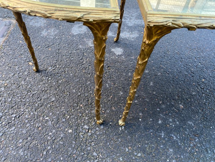 1970′ Table Tripartite Maison Charles, Jansen Ou Baguès Décor Palmier Bronze Doré Plateaux Miroirs