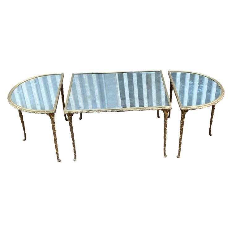 1970′ Table Tripartite Maison Charles, Jansen Ou Baguès Décor Palmier Bronze Doré Plateaux Miroirs