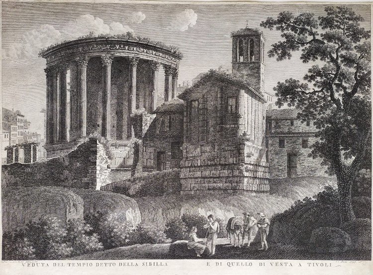  Italia Roma Tempio della Sibilla Incisione del XVIII secolo Architettura