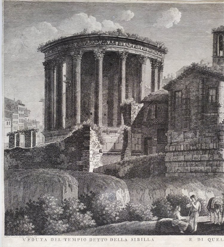  Italia Roma Tempio della Sibilla Incisione del XVIII secolo Architettura