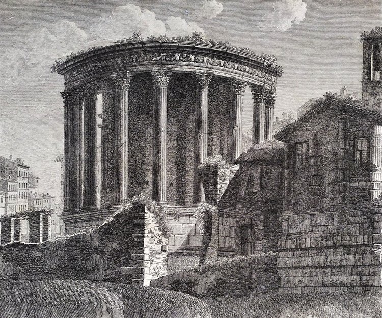  Italia Roma Tempio della Sibilla Incisione del XVIII secolo Architettura