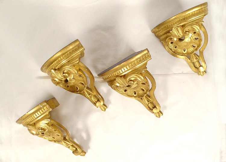 Série 4 Consoles d'Appliques Murales Sellettes Angle Bois Sculpté Doré XIXè