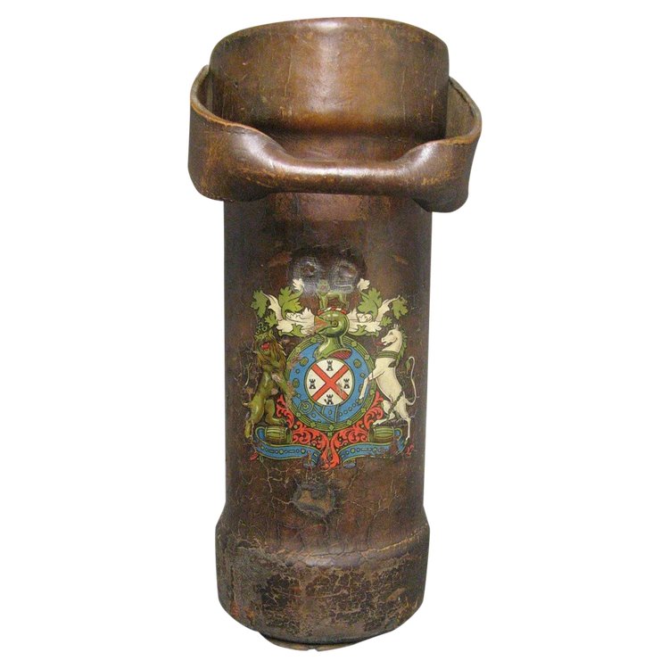 Seau A Cordite En Cuir, Porte Munitions Royal Navy XIXe. Blason Royaume-uni.