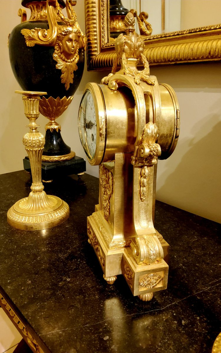 Louis XVI Style Pendulum Clock and Pair of Candlesticks in Chiseled Gilded Bronzes Susse Fd