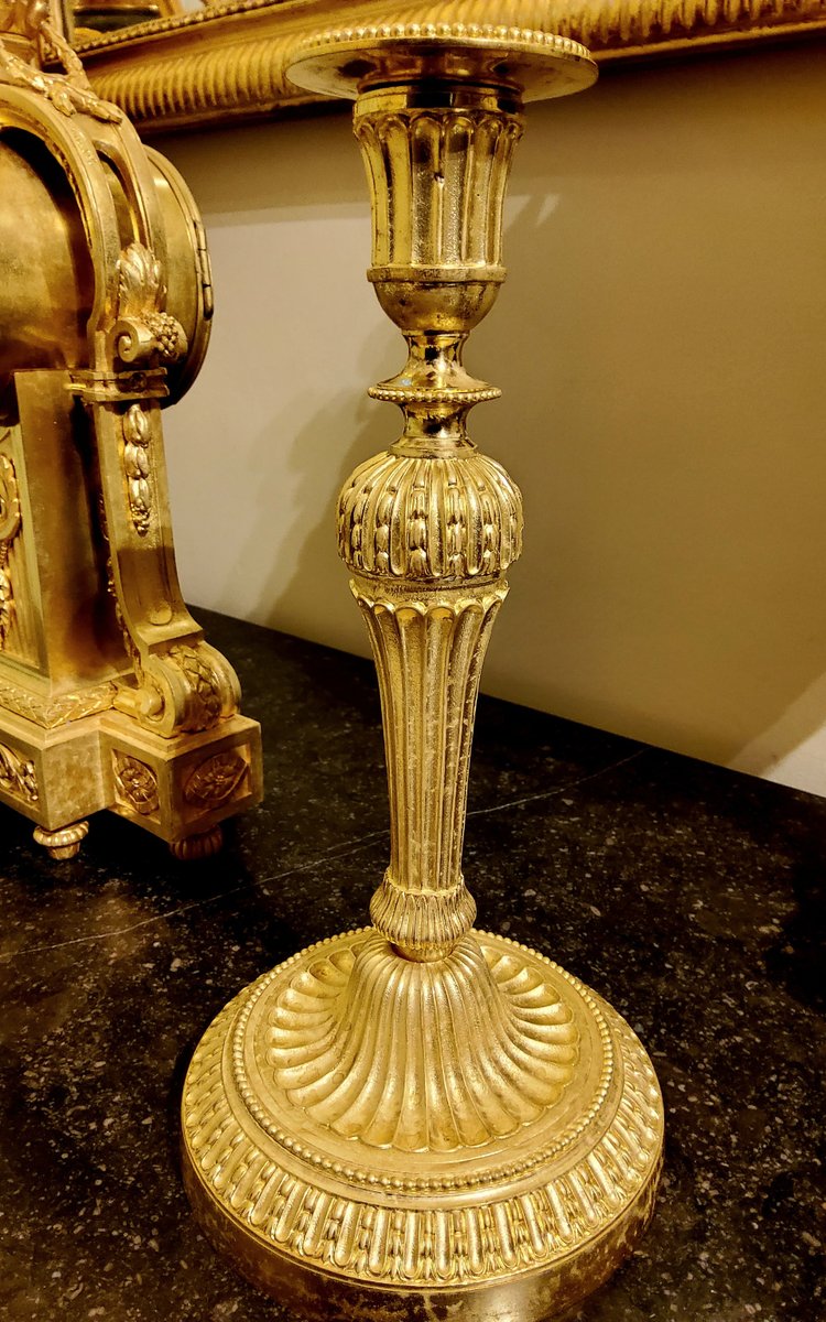 Louis XVI Style Pendulum Clock and Pair of Candlesticks in Chiseled Gilded Bronzes Susse Fd