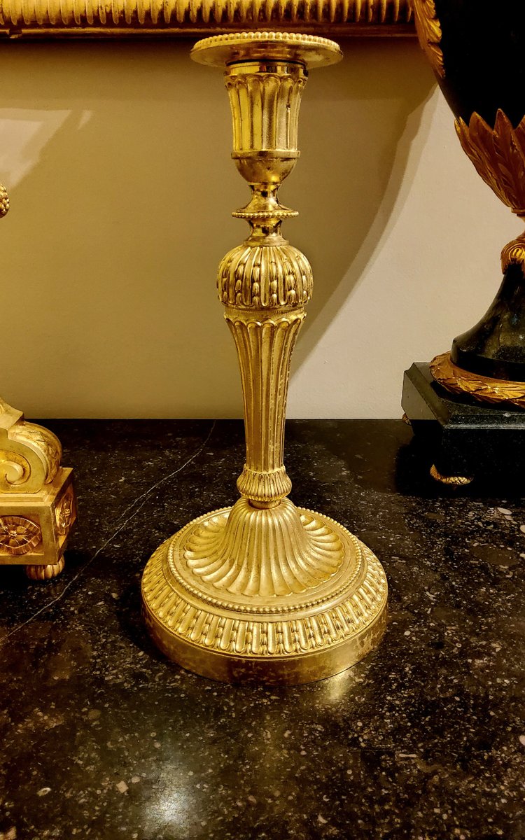Louis XVI Style Pendulum Clock and Pair of Candlesticks in Chiseled Gilded Bronzes Susse Fd