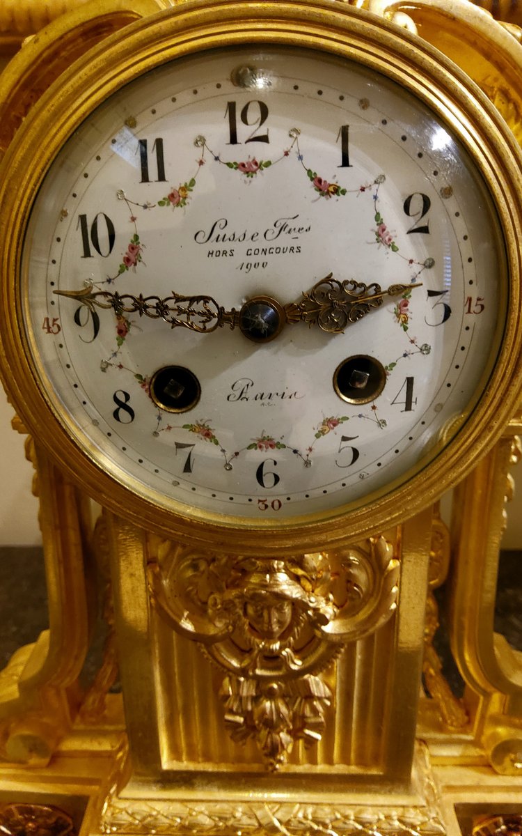 Louis XVI Style Pendulum Clock and Pair of Candlesticks in Chiseled Gilded Bronzes Susse Fd
