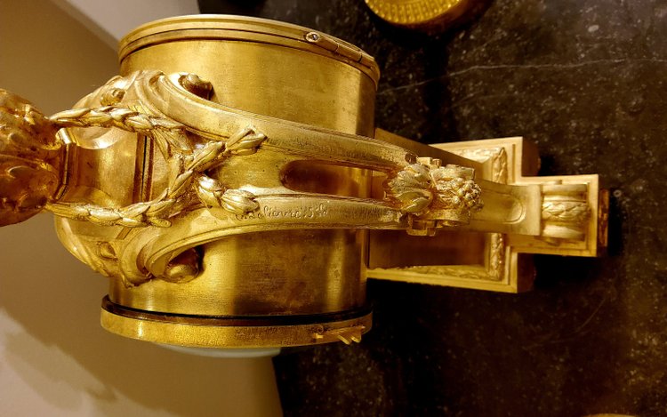 Louis XVI Style Pendulum Clock and Pair of Candlesticks in Chiseled Gilded Bronzes Susse Fd