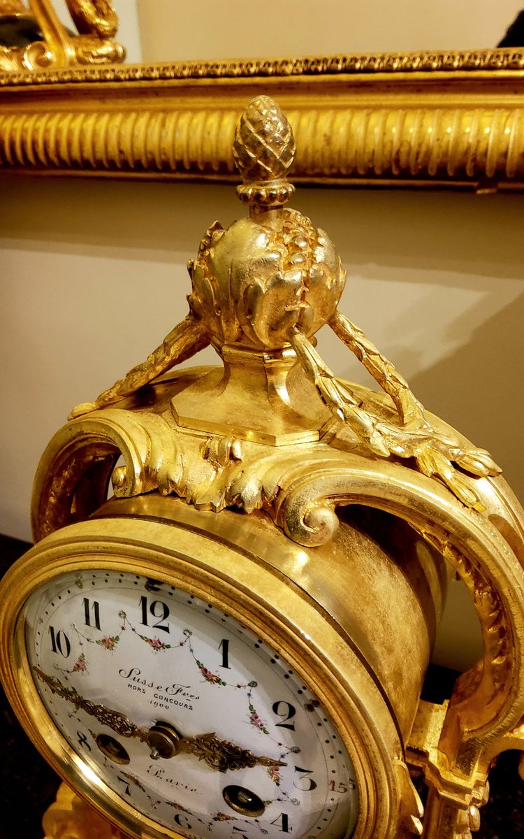 Louis XVI Style Pendulum Clock and Pair of Candlesticks in Chiseled Gilded Bronzes Susse Fd