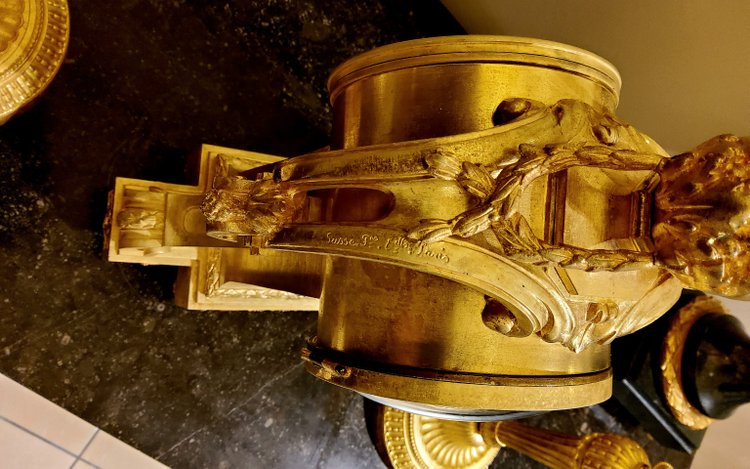 Louis XVI Style Pendulum Clock and Pair of Candlesticks in Chiseled Gilded Bronzes Susse Fd