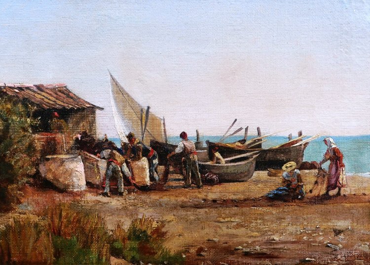 Scuola FRANCESE del XIX secolo, pescatori napoletani sulla riva