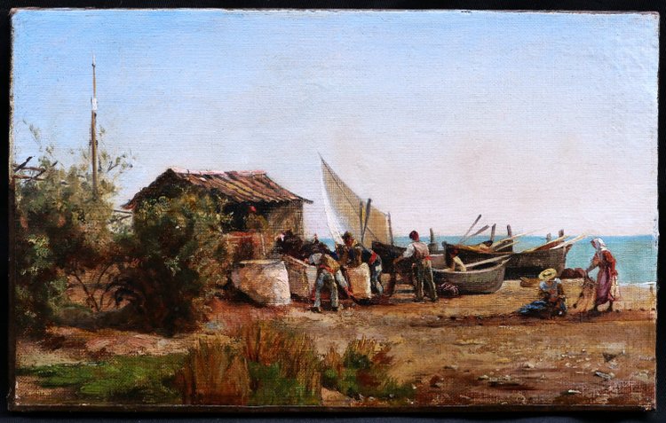 Scuola FRANCESE del XIX secolo, pescatori napoletani sulla riva