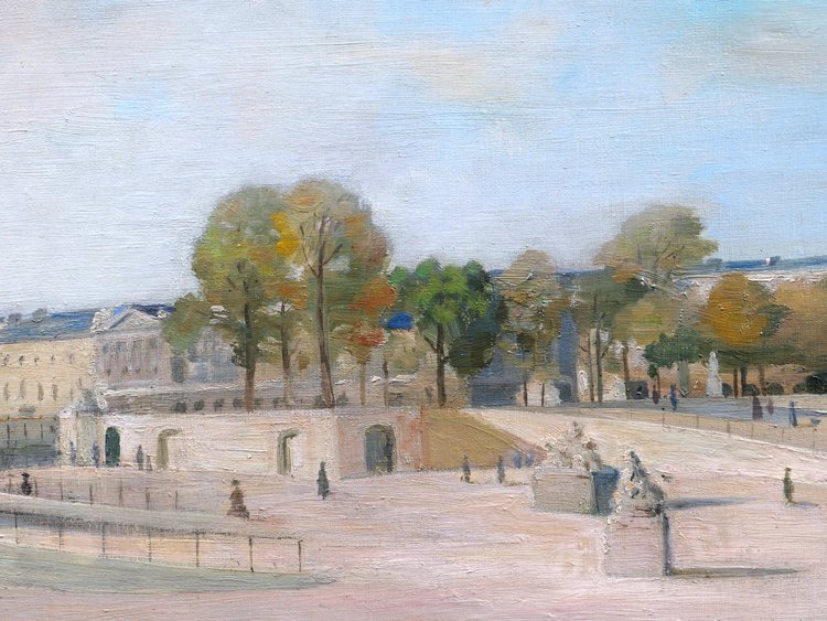 Scuola FRANCESE intorno al 1930, Veduta animata dei Giardini delle Tuileries al livello di Fer à Cheval