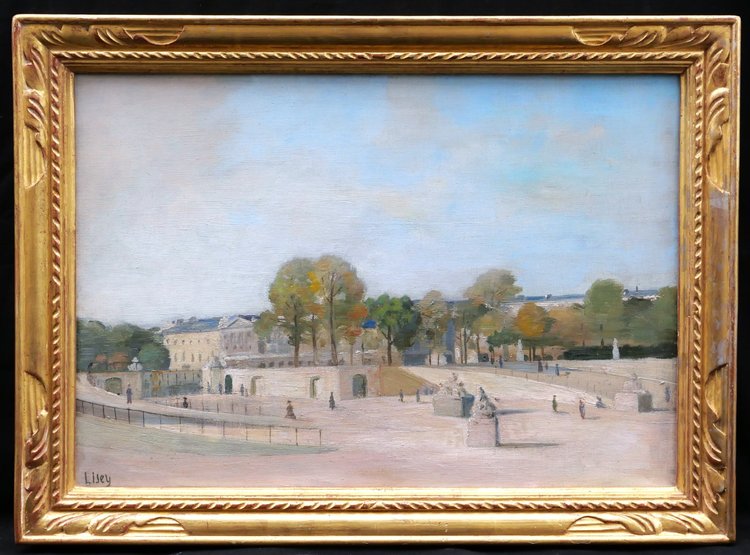Scuola FRANCESE intorno al 1930, Veduta animata dei Giardini delle Tuileries al livello di Fer à Cheval