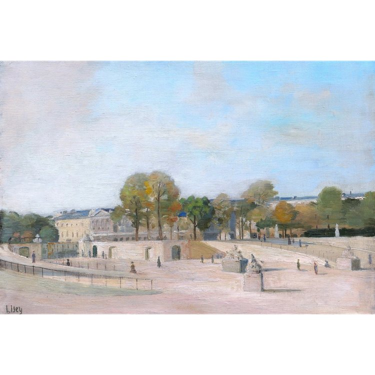 Scuola FRANCESE intorno al 1930, Veduta animata dei Giardini delle Tuileries al livello di Fer à Cheval