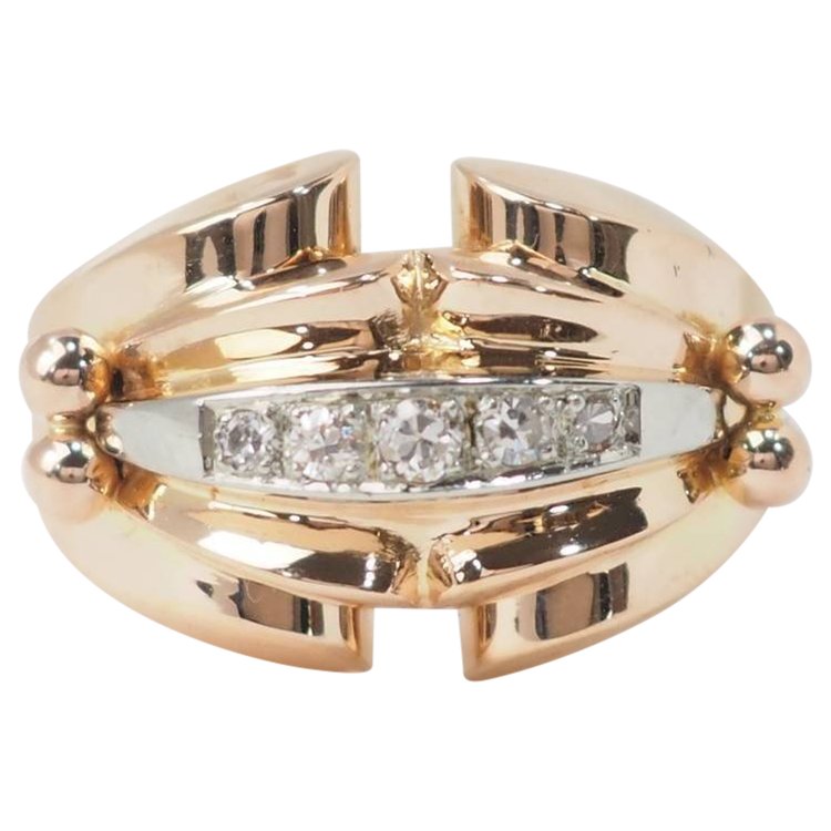 Bague tank des années 40 en or rose et diamants 