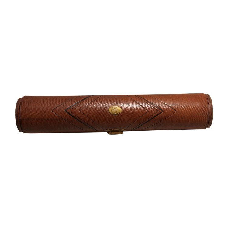 Custodia circolare, portadocumenti o custodia da cucito, in pelle marrone e ottone XIX secolo
