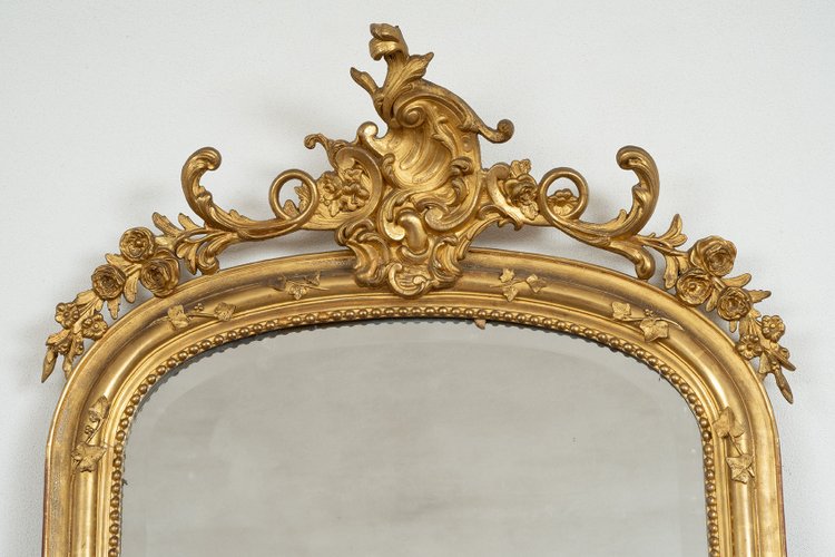 Miroir Ancien Napoléon III En Bois Doré Et Sculpté. France 19ème Siècle.