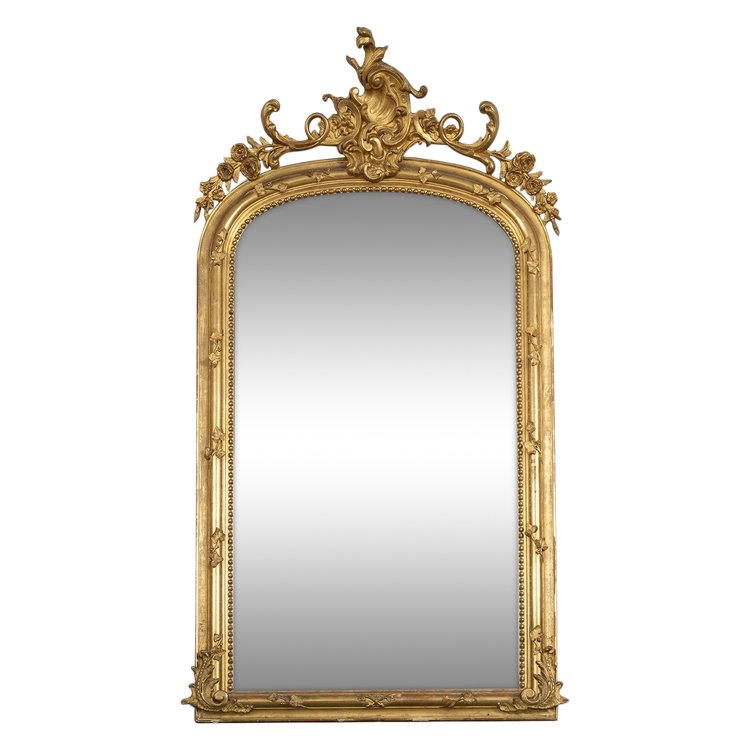 Miroir Ancien Napoléon III En Bois Doré Et Sculpté. France 19ème Siècle.