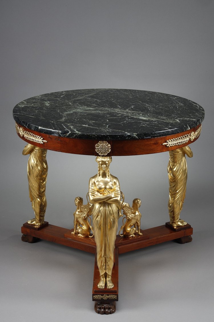 LARGE EMPIRE STYLE PEDESTAL TABLE IN MAHOGANY AND MAHOGANY VENEER