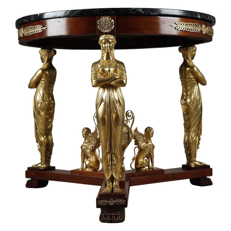 LARGE EMPIRE STYLE PEDESTAL TABLE IN MAHOGANY AND MAHOGANY VENEER