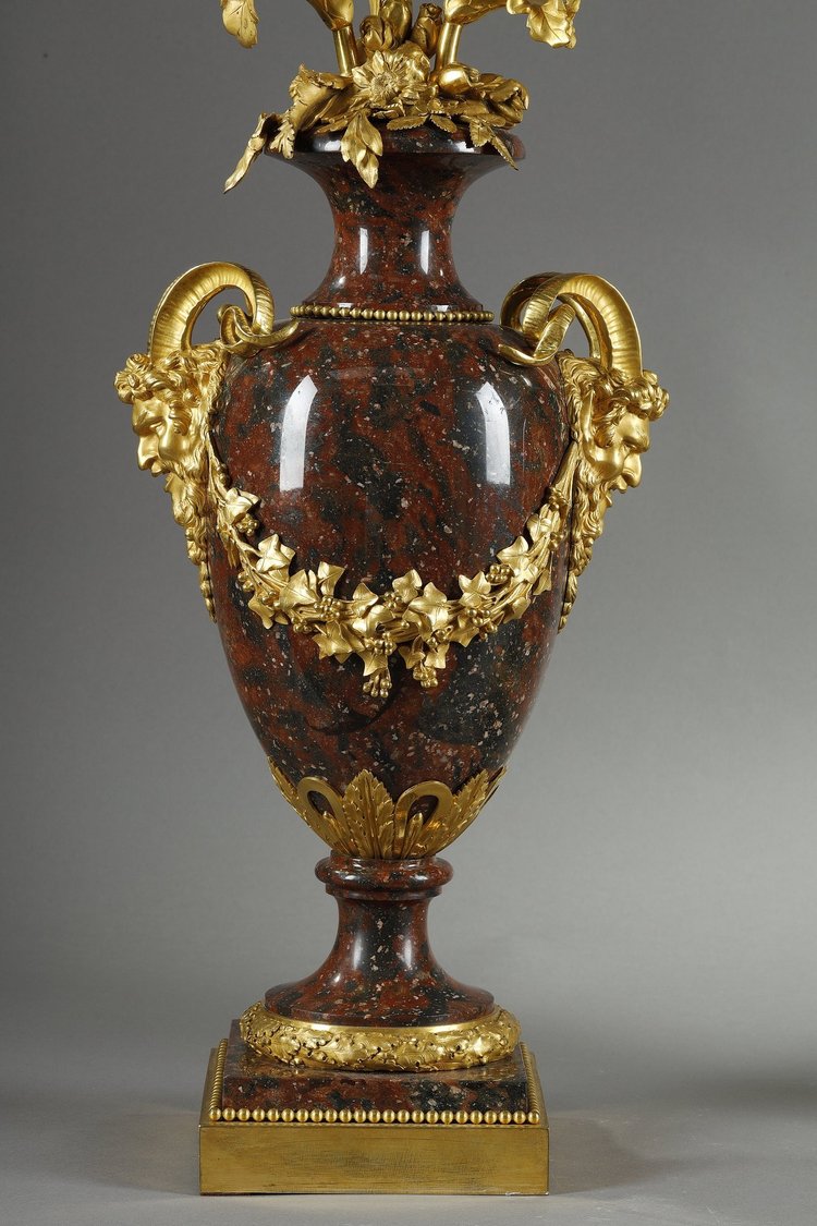 PAIR OF LOUIS XVI STYLE CANDELABRA IN GRIOTTE RED MARBLE AND GILT BRONZE